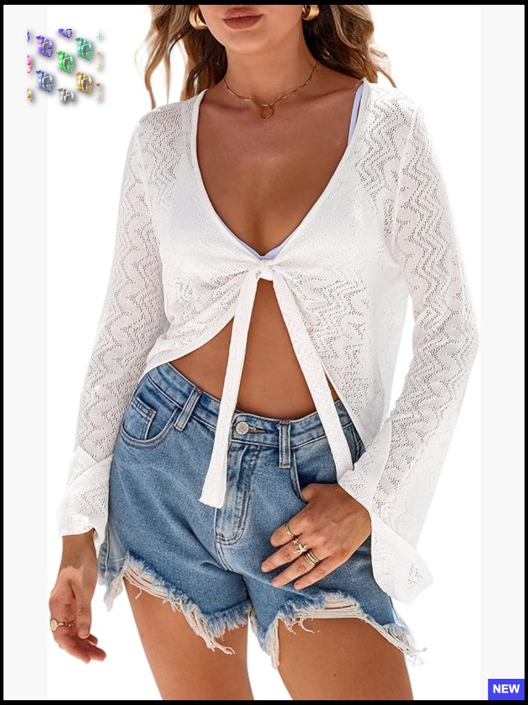 Linen Blend Tie Front Bolero Shrug Beach Cover Up Crochet Bell Sleeves